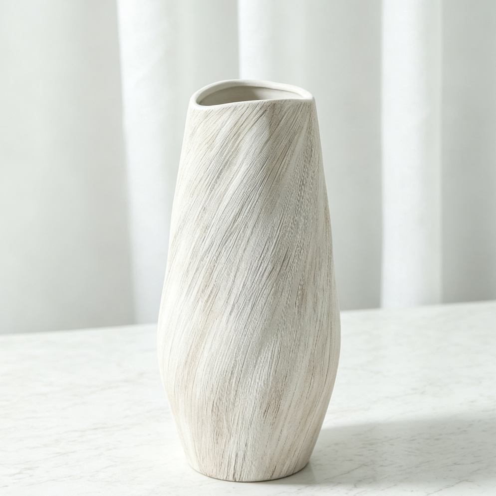 14" Tall White Modern Ceramic Beige Vase Image 2